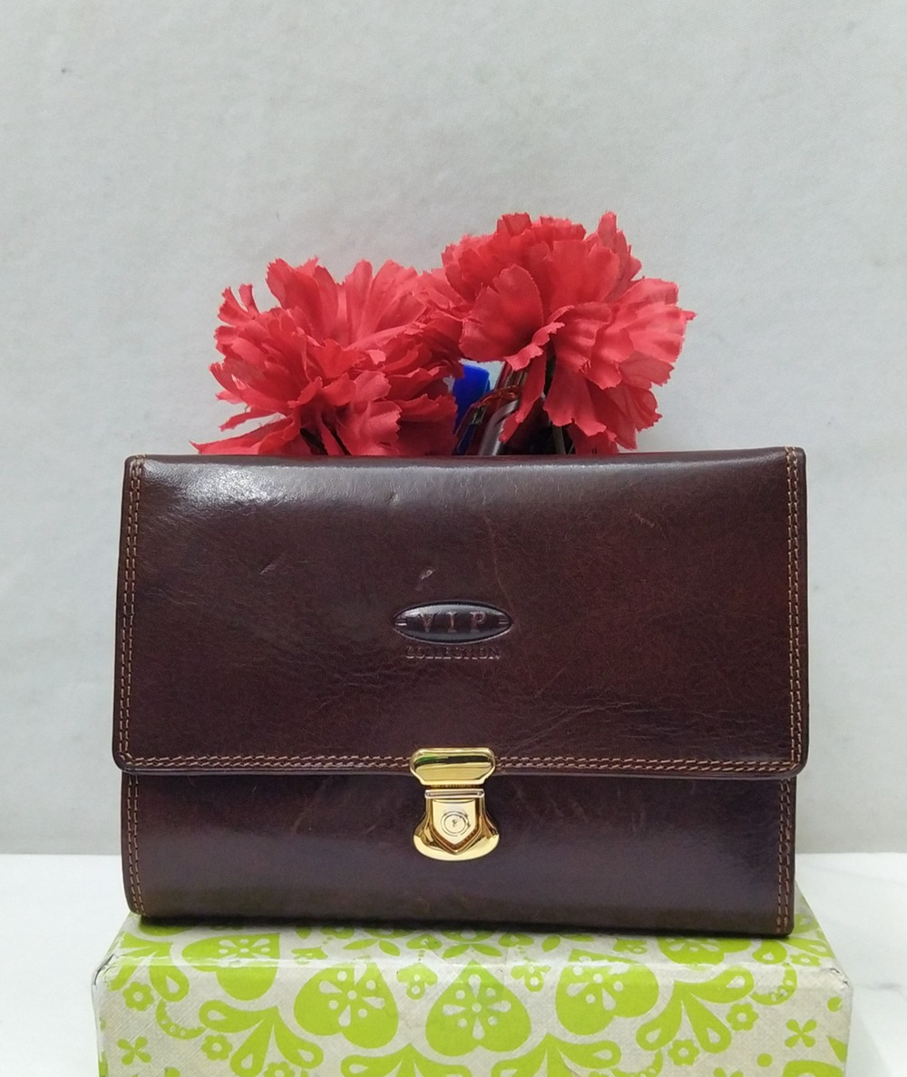 VIP Collection Brown Leather Pushlock Credit Card ID Window Trifold Wallet